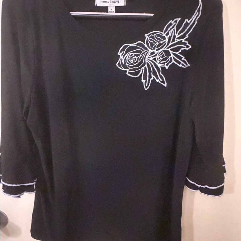 Black Floral Embroidered Women's Top